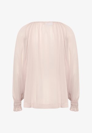 Ljusrosa, löst sittande blus med samlad halsringning, långa ärmar och elastiska manschetter. Slätt, lätt tyg med subtil lyster.