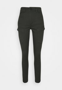 Mustat korkeavyötäröiset slim-fit-housut, joissa on etupainike, vetoketjukiinnitys ja läpälliset cargo-taskut molemmilla reisillä.