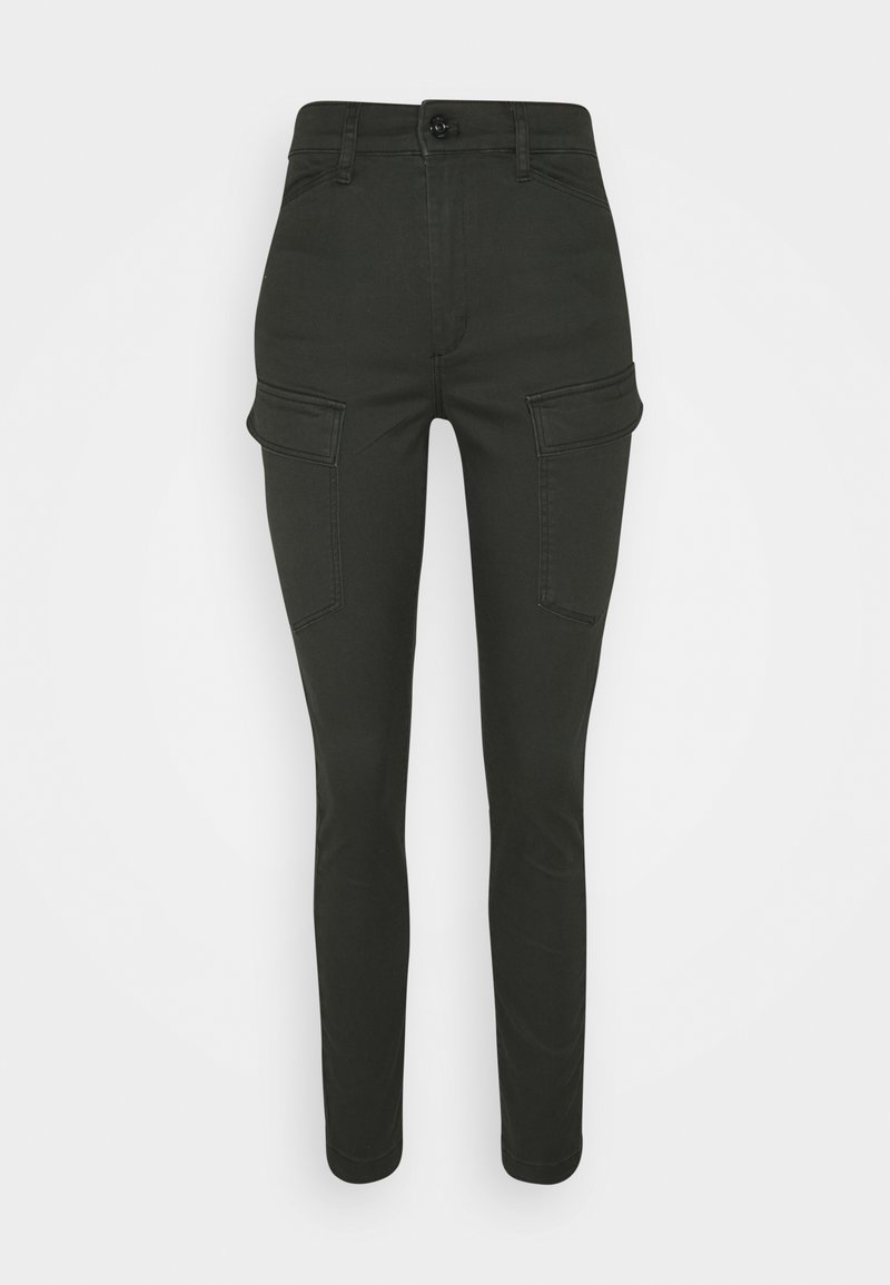Mustat korkeavyötäröiset slim-fit-housut, joissa on etupainike, vetoketjukiinnitys ja läpälliset cargo-taskut molemmilla reisillä.