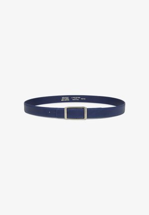 Navy blue leather belt with silver rectangular buckle, stitched edges, and size markings inside, placed on a white background.