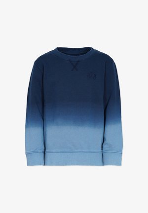 Nuorten collegepaita, jossa on sininen gradientti-ombre. Puuvillasekoitetta, pyöreä kaula-aukko, pitkät hihat, ribatut hihansuut, joissa on pieni tummansininen logo rinnassa.