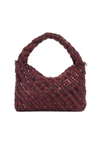 Woven burgundy handbag featuring a textured surface, a curved handle, and gold-toned hardware with a structured shape.