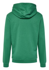 Grön huvtröja med textilstruktur, med en huva, långa ärmar och ribbade manschetter. Inga synliga mönster eller hårddetaljer.