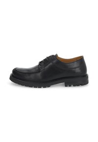 Chaussure noire en cuir à lacets avec un bout rond, empeigne texturée et une semelle en caoutchouc épaisse et robuste. Doublure intérieure marron. Détail de couture simple.