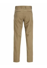 Khaki dress pants made of cotton, featuring a straight leg design, two back pockets, and a smooth, lightweight texture.