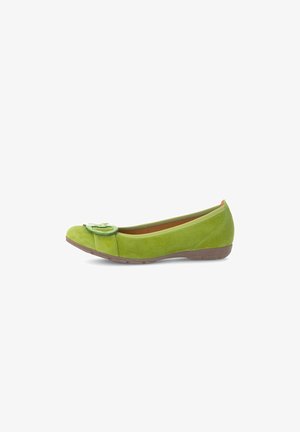 Grüne Wildleder-Ballettschuhe mit abgerundeter Spitze, gefälteltem Design und Lederblumenakzent an der Spitze. Gummisohle für besseren Halt.