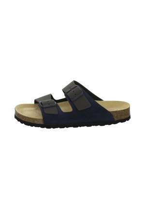 Navy blue two-strap slide sandal with black adjustable buckles, cork footbed, beige suede insole, and black textured rubber sole.