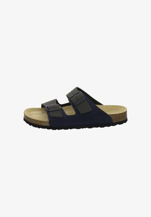 Navy blue two-strap slide sandal with black adjustable buckles, cork footbed, beige suede insole, and black textured rubber sole.