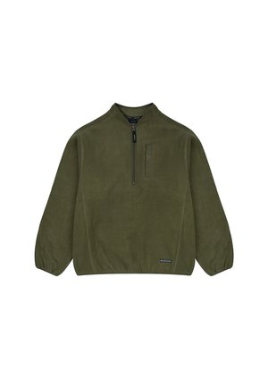 Sudadera de forro polar verde oliva con medio cierre frontal, con mangas largas, un bolsillo en el pecho y un pequeño logo en el dobladillo. Textura suave.