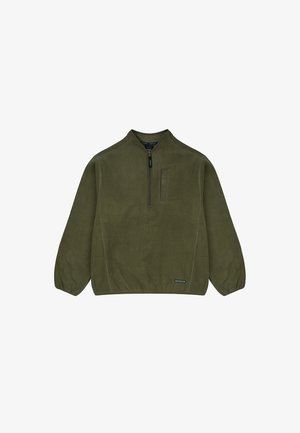 Pullover in fleece verde oliva con zip a metà parte anteriore, dotato di maniche lunghe, tasca sul petto e un piccolo logo sull'orlo. Texture morbida.