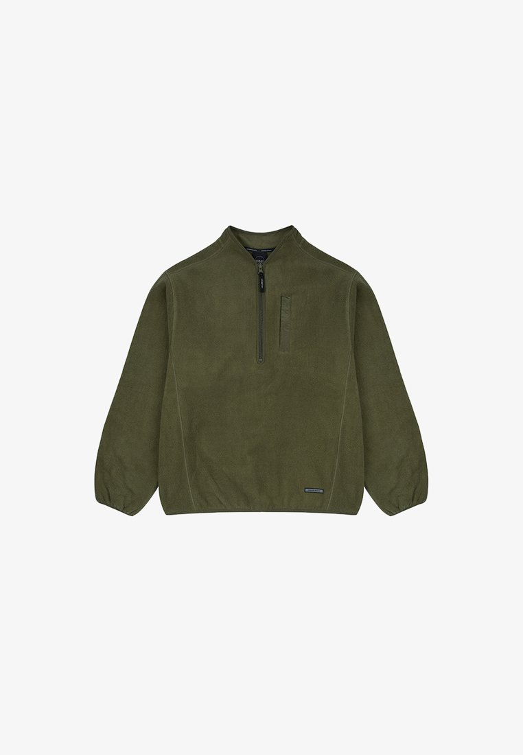 Oliwkowy polar z półzamkiem z przodu, z długimi rękawami, kieszenią na piersi i małym logo na dolnej krawędzi. Miękka tekstura.