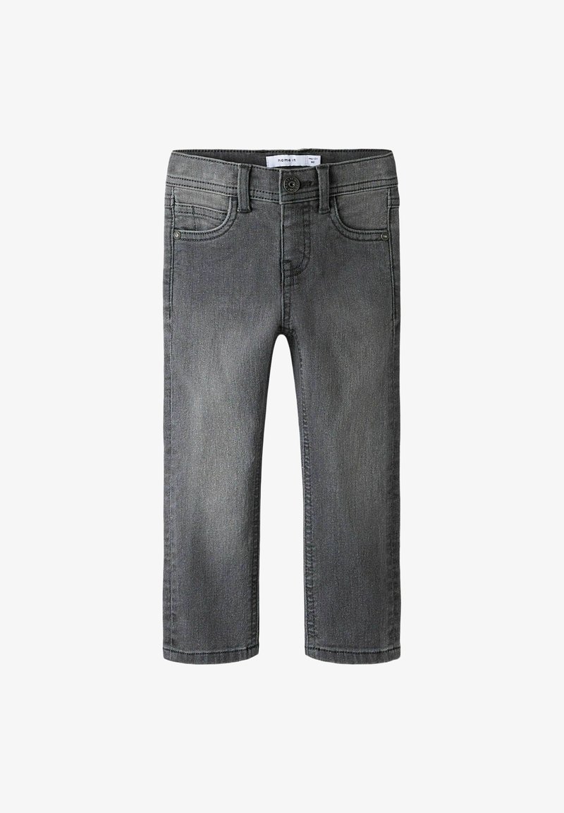 Jean denim gris pour enfants avec poches avant, passants pour ceinture, fermeture par bouton, et légère décoloration sur les jambes.