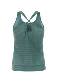 Ärmelloses grünes, strukturiertes sportliches Tanktop mit gekreuzten Trägern und Schlüssellochdetail am Rücken, tailliert.