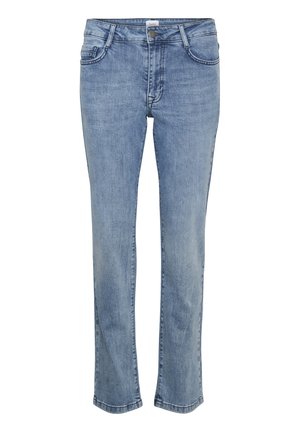 Hellblaue Denim-Jeans mit geradem Bein, ausgestattet mit einem Fünf-Taschen-Design, minimalen Abnutzungserscheinungen und dezenten Nähdetails.