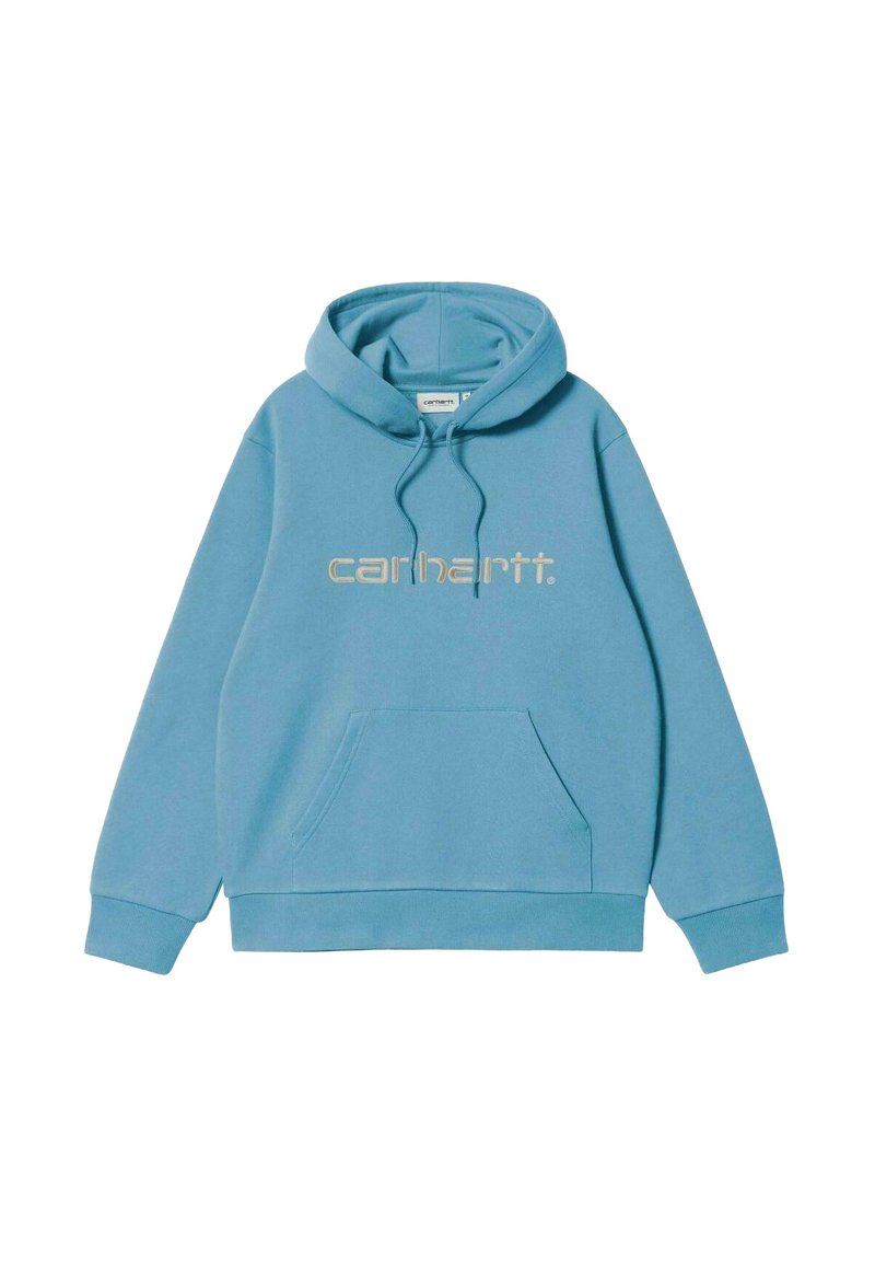 Sudadera con capucha de color azul claro, hecha de una tela suave, que cuenta con un bolsillo frontal y un logo bordado de "carhartt." en color beige.