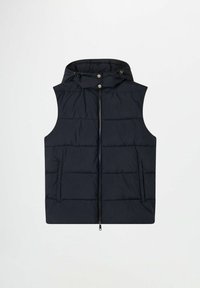 Chaleco acolchado azul marino con capucha, cierre frontal con cremallera, dos bolsillos laterales y un patrón de costuras en la tela. Textura suave.