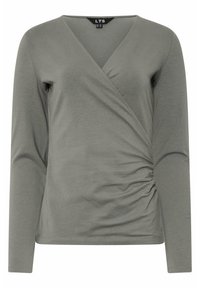 Top a maniche lunghe, stile avvolgente, di un verde tenue. Realizzato in un tessuto morbido con dettaglio arricciato sul lato e scollatura a V profonda.