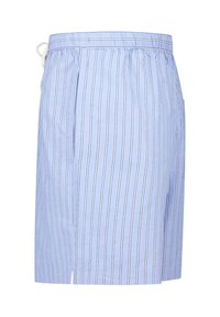 Vaaleansiniset uima-shortsit, joissa on pystysuorat valkoiset ja tummansiniset raidat, joustava vyötärö, naru ja sivutaskut.