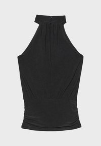 Haut noir sans manches de type halter avec col haut et détails froncés, cintré à la taille avec un ourlet froncé.
