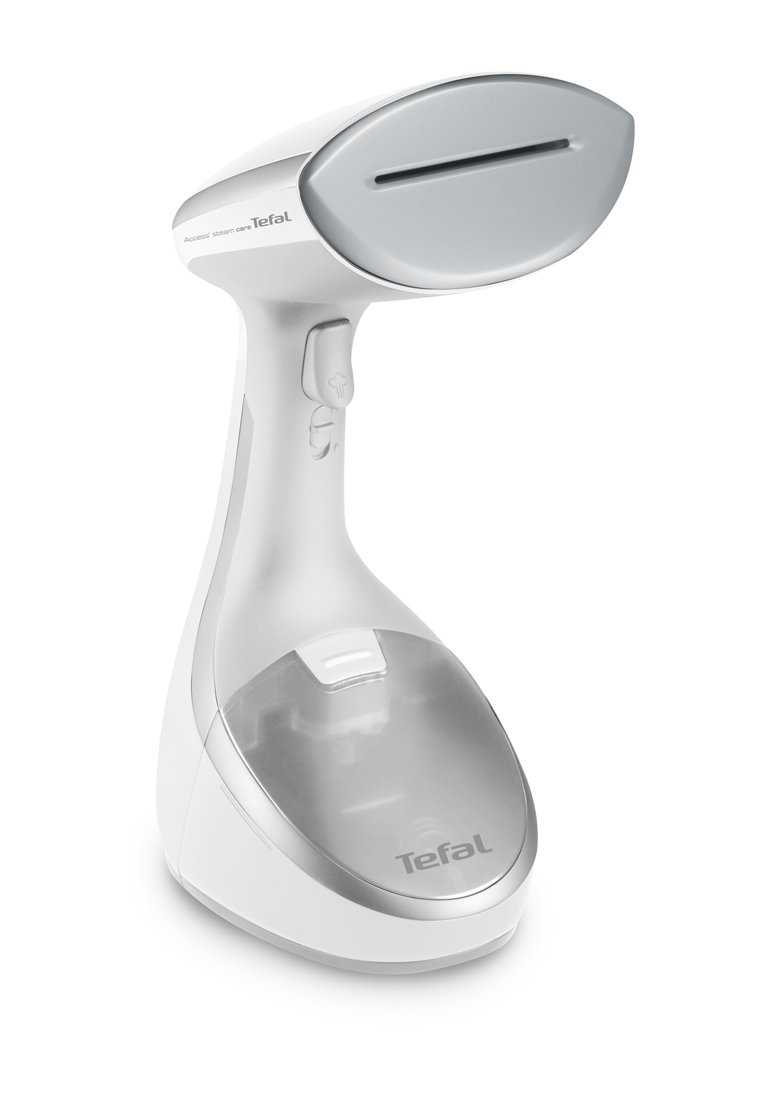 Tefal Handdampfer in Weiß und Silber, mit einer geschwungenen Form, einem transparenten Wassertank und Steuerknöpfen am Griff.