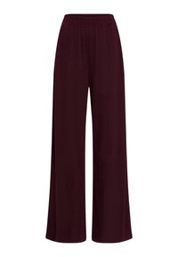 Wide-leg trousers in dark burgundy fabric with a smooth texture and an elastic waistband for comfort. No pockets or additional accents.