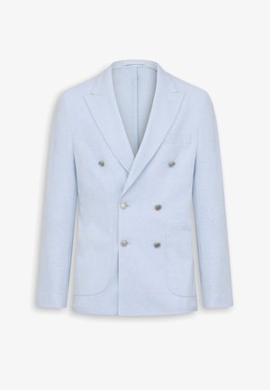 Hellblauer, doppelt geknöpfter Herrenblazer mit Spitzrevers, sechs metallischen Knöpfen und aufgesetzten Fronttaschen vor weißem Hintergrund.