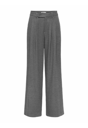 Pantaloni grigi a gamba larga con vita alta, chiusura con bottoni, passanti per cintura e pieghe frontali, progettati per una vestibilità rilassata.