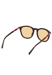 Gafas de sol de carey con lentes redondeados, acentos dorados en la montura y varillas de colores a rayas en rojo, azul y amarillo.