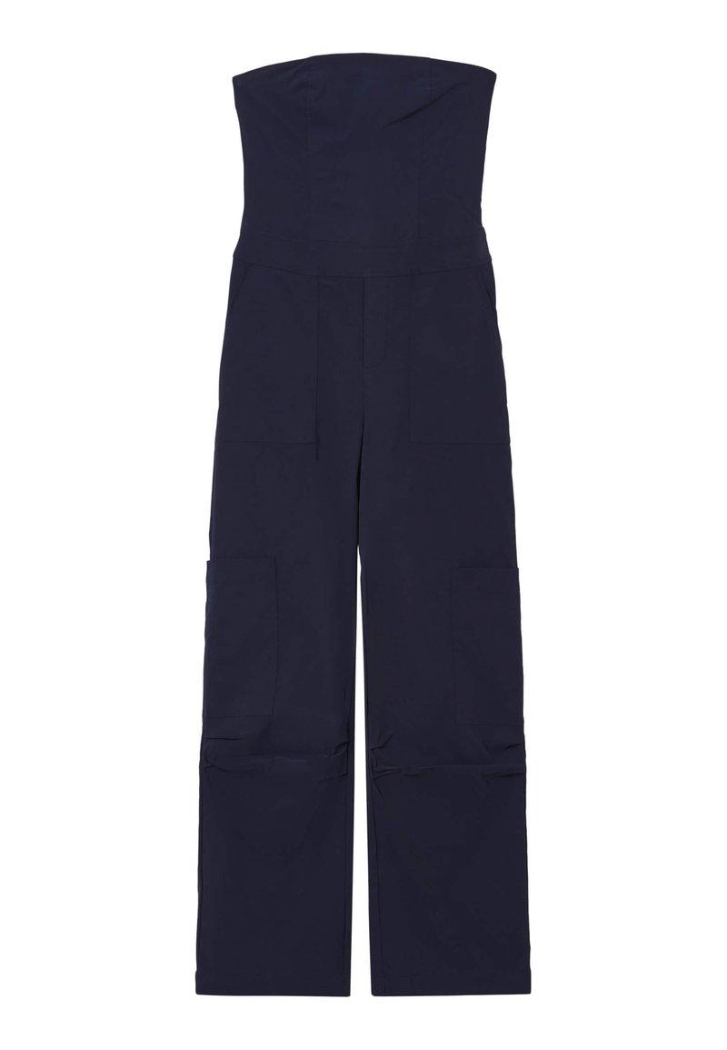 Jumpsuit senza spalline di colore blu navy con gamba larga, dotato di numerose tasche e sezioni arricciate all'orlo. Realizzato in tessuto morbido.