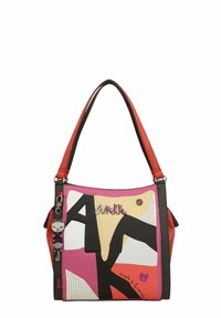 Sac à main multicolore avec des panneaux rose, noir et crème. Comprend des accents texturés et un porte-clés avec un motif de chat. Deux anses d'épaule.