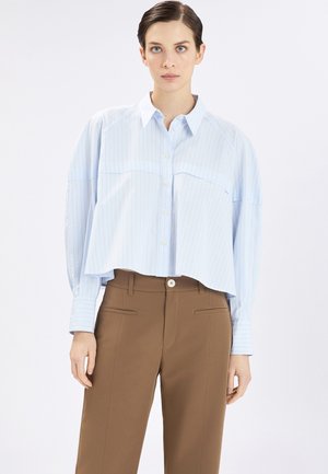 Donna con capelli corti scuri che indossa una camicia oversize azzurro chiaro a righe sottili e pantaloni marroni a vita alta, su sfondo bianco.