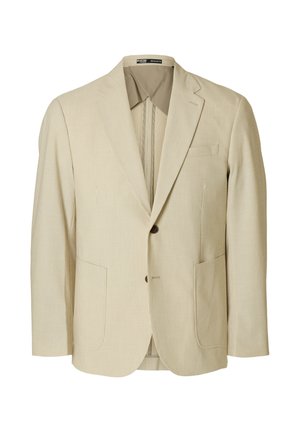 Beige csíkos blézer pamut keverék anyagból, egygombos záródással, bemetszett hajtókákkal, két elülső zsebbel és egyetlen mellzsebbel.
