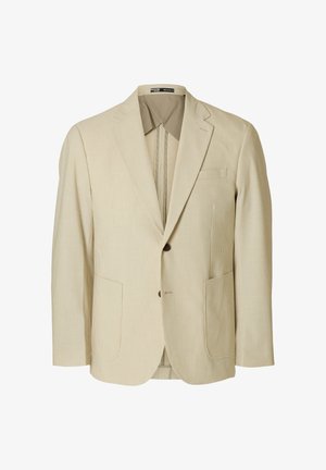 Beige csíkos blézer pamut keverék anyagból, egygombos záródással, bemetszett hajtókákkal, két elülső zsebbel és egyetlen mellzsebbel.