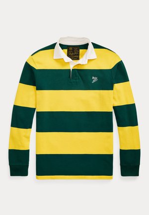 Langermet polo skjorte med grønne og gule horisontale striper, hvit krage og brodert logo på venstre side. Laget av bomull.
