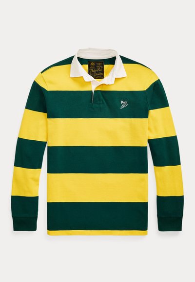 Poloshirt met lange mouwen, voorzien van groene en gele horizontale strepen, een witte kraag en een geborduurd logo aan de linkerkant. Katoenen stof.