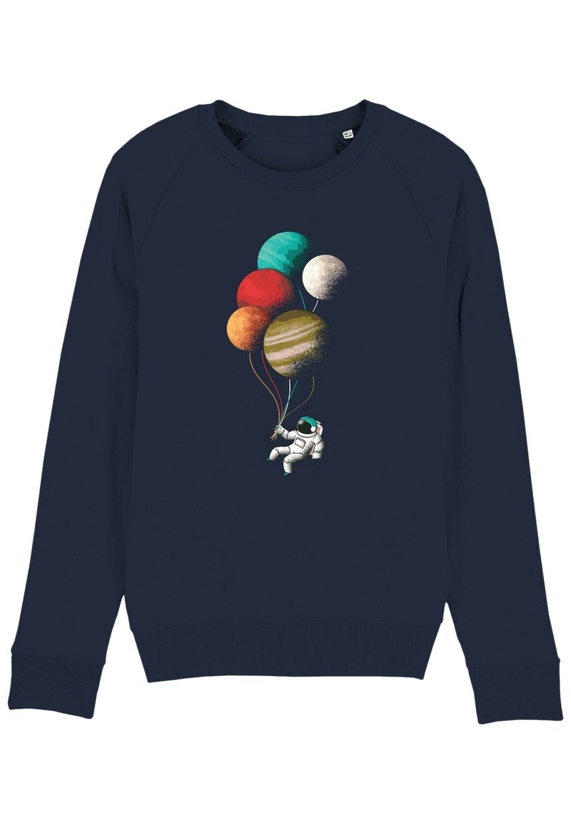Felpa blu navy con un astronauta che tiene pianeti colorati come palloncini. Il design include colori distintivi e un tema spaziale giocoso.