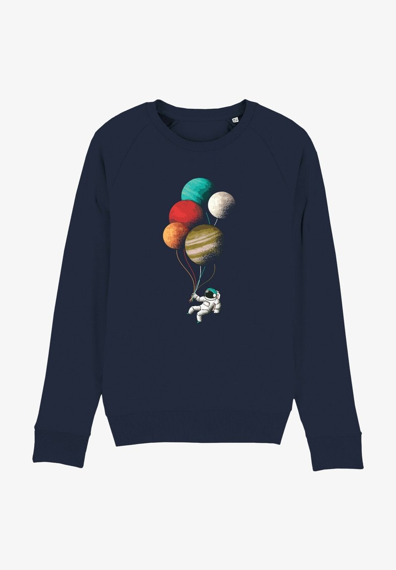 Felpa blu navy con un astronauta che tiene pianeti colorati come palloncini. Il design include colori distintivi e un tema spaziale giocoso.