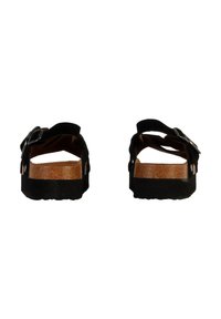 Sandalias negras con dos correas ajustables, plantilla de corcho y suela de goma texturizada, que presentan un diseño sencillo y acentos de hardware plateado.
