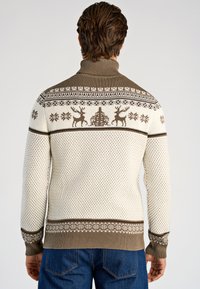 Beige och brunmönstrad stickad tröja med hög krage, renmotiv, geometriska mönster och texturerade partier.