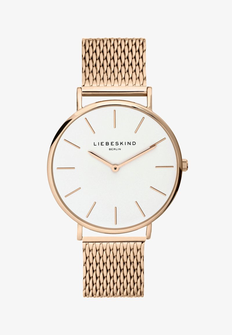 Orologio con cinturino a rete in oro rosa, quadrante rotondo bianco, marcatori delle ore minimalisti e lancette. Il retro presenta una finitura lucida. Nome del marchio mostrato.