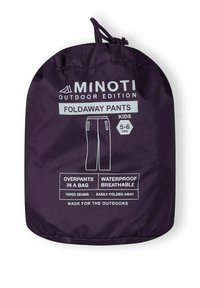 Paarse opvouwbare broek verpakking met witte tekst. Lichtgewicht, waterdicht, ademend materiaal. Ontworpen voor kinderen van 5-6 jaar. Gelaste naden.