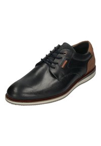 Scarpe da uomo nere in pelle con texture liscia, dettagli marroni, lacci blu navy e suola bianca. Presentano cuciture sottili e una punta arrotondata.