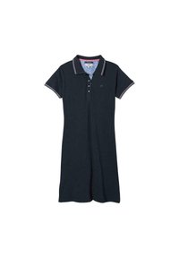 Robe polo navy avec un col, des manches courtes et une patte à trois boutons. Présente des accents rayés sur le col et les manches.