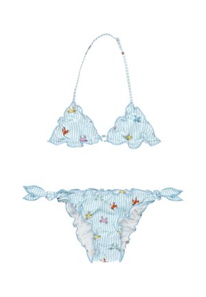 Bikini a righe blu e bianche con bordi arricciati e fantasie colorate di granchi, top halter e slip bikini con laccetti ai lati.