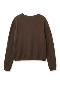 Hnědý pletený svetr, kulatý výstřih, dlouhé rukávy, zkrácený design, měkká textura, žebrované manžety a lem, minimalistický styl, bez viditelných zapínání.