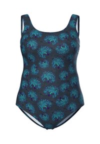 Heldragtbadedragt med mørk baggrund og et flerfarvet korallignende mønster i nuancer af blåt og grønt. Glat tekstur, brede stropper.