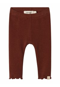 Braune Baumwollleggings mit geripptem Muster, kürzerer Länge und gewelltem Saum. Mit einem gewebten Etikett an der unteren Seite.
