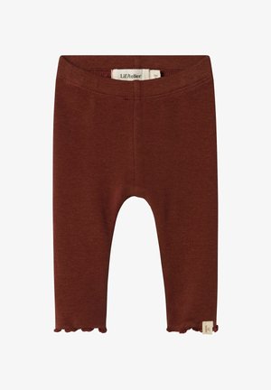 Leggings en coton marron avec une texture côtelée, de longueur courte et un ourlet festonné. Présente une étiquette tissée sur le côté inférieur.