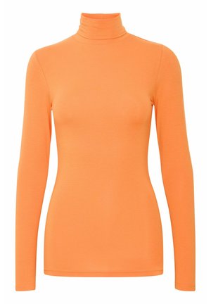 Dolgi rokav turtleneck top v svetlo oranžni barvi, izdelan iz mehke tkanine z oprijetim dizajnom in visokim ovratnikom. Brez vidnih vzorcev ali okraskov.