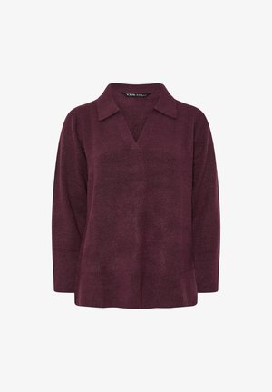 Bordowy sweter pulower z dekoltem w serek, kołnierzykiem i długimi rękawami. Teksturowana dzianina, charakteryzująca się luźnym krojem i rozcięciami po bokach u dołu.